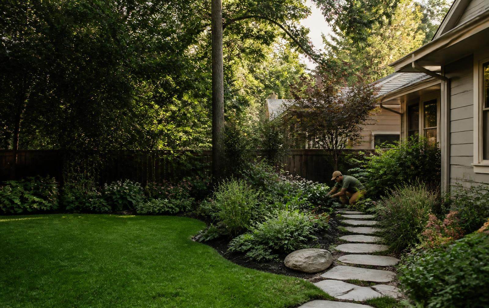 Landscaper tending a lush residential garden