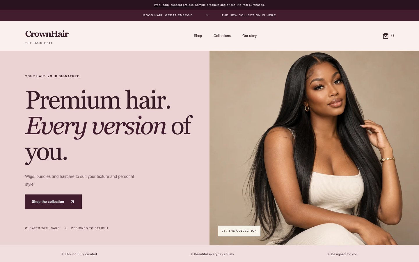 CrownHair homepage hero, captured from the interactive concept