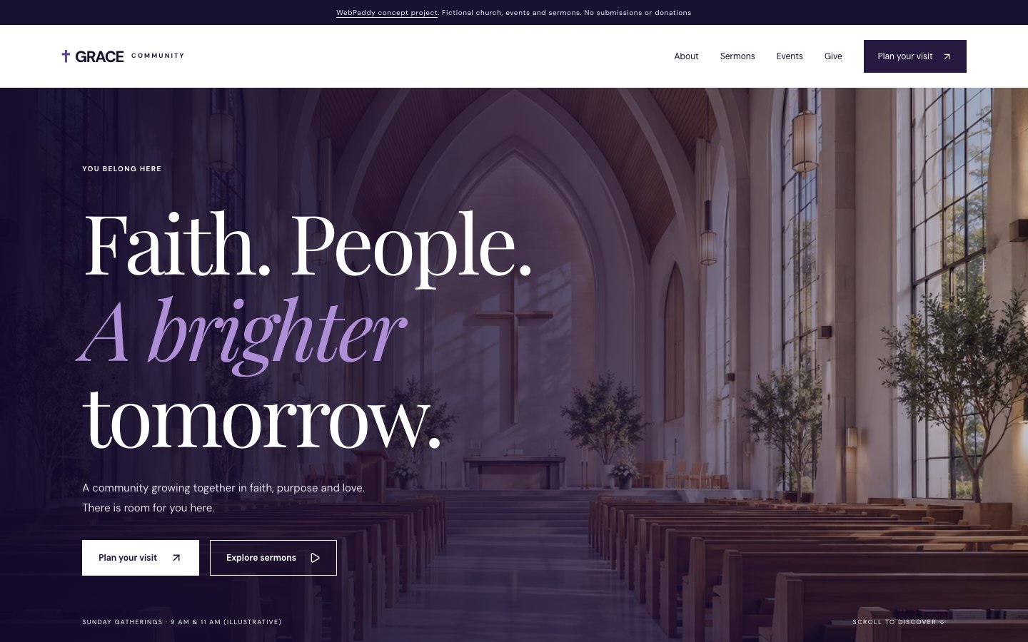 Grace Community homepage hero, captured from the interactive concept