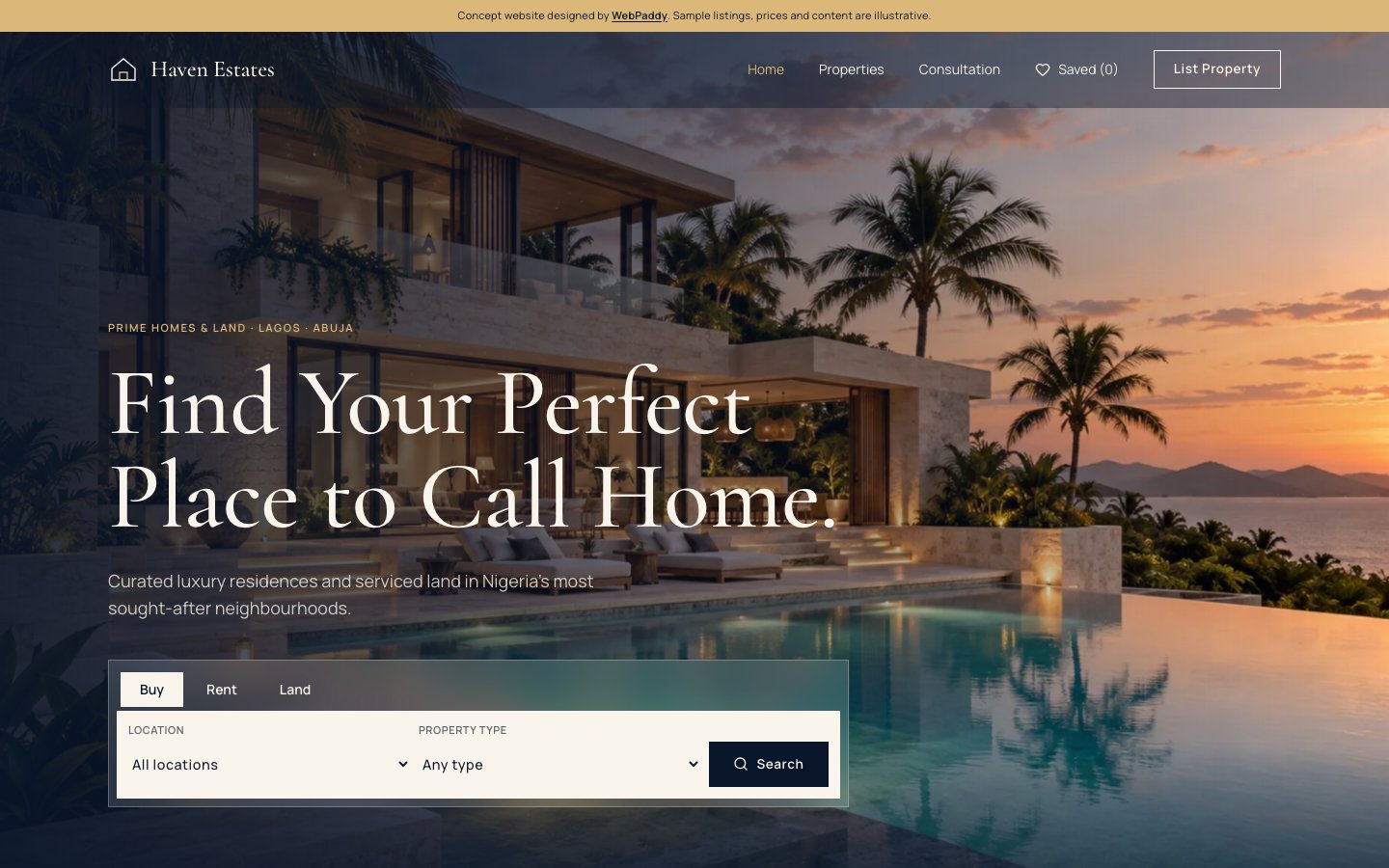 Haven Estates homepage hero, captured from the interactive concept