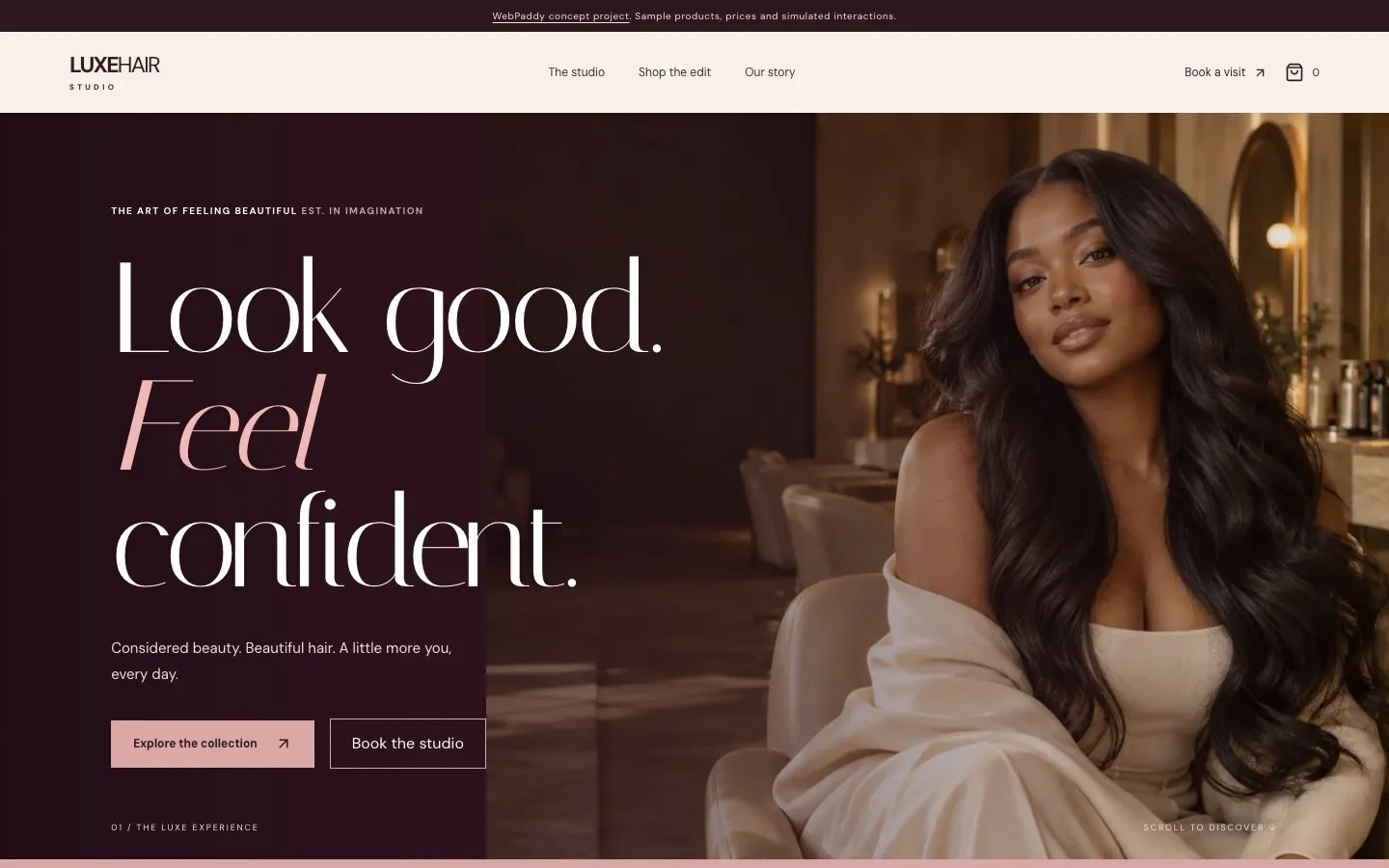 Luxe Hair Studio actual homepage screenshot