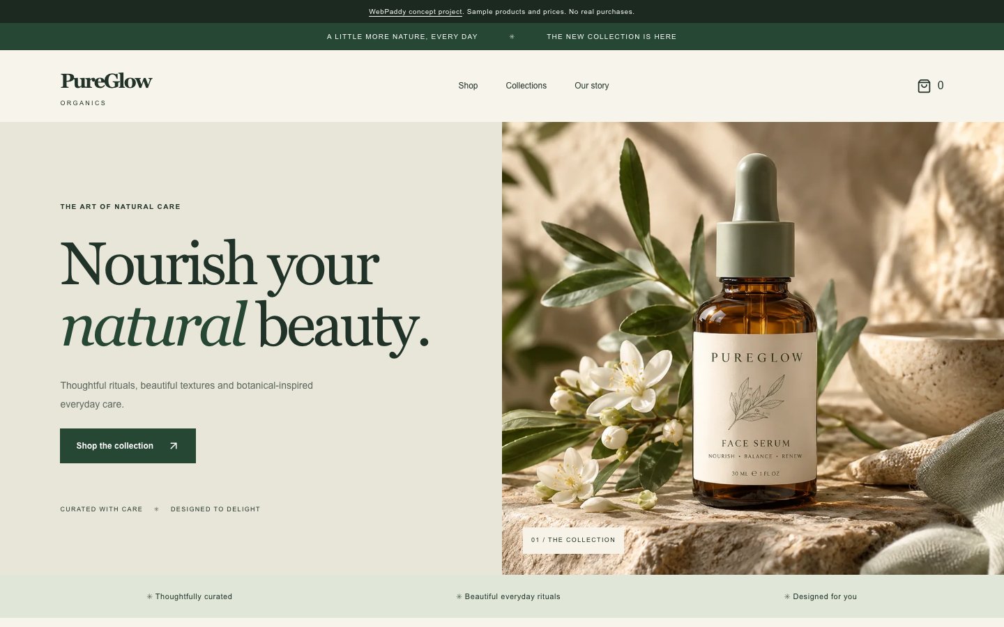 PureGlow Organics homepage hero, captured from the interactive concept