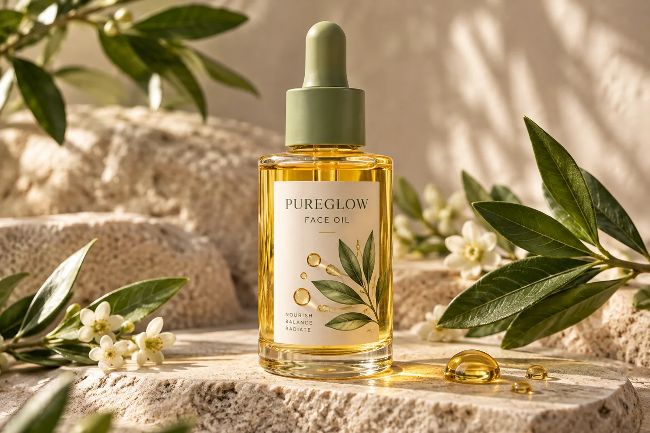 AI-generated PureGlow botanical face oil concept image