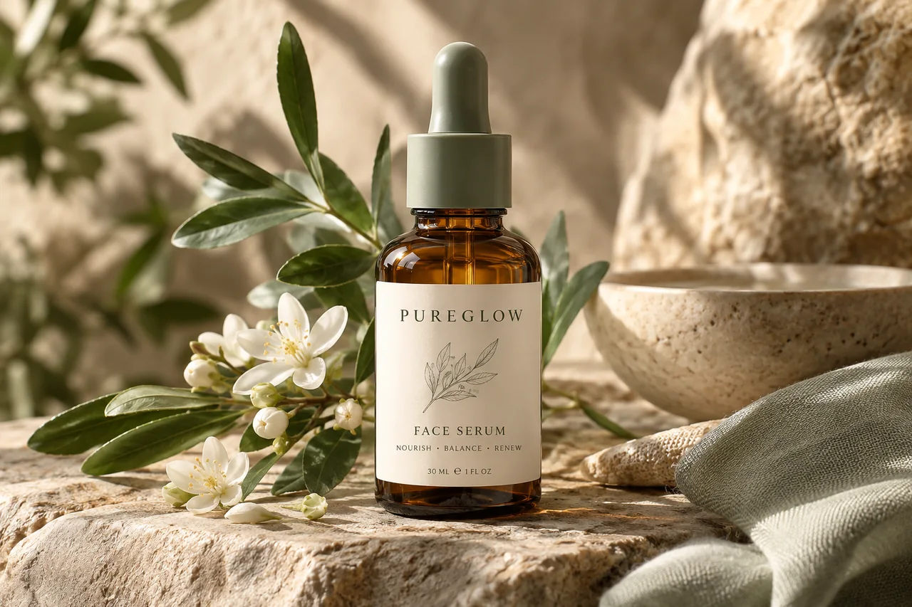 AI-generated PureGlow radiance serum concept product