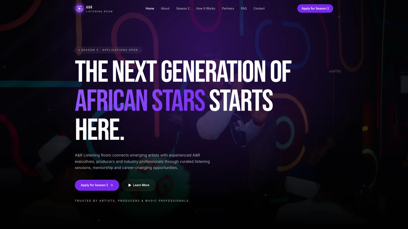 A&R Listening Room website homepage preview