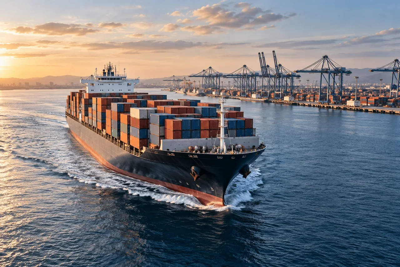 AI-generated container ship approaching a modern freight port
