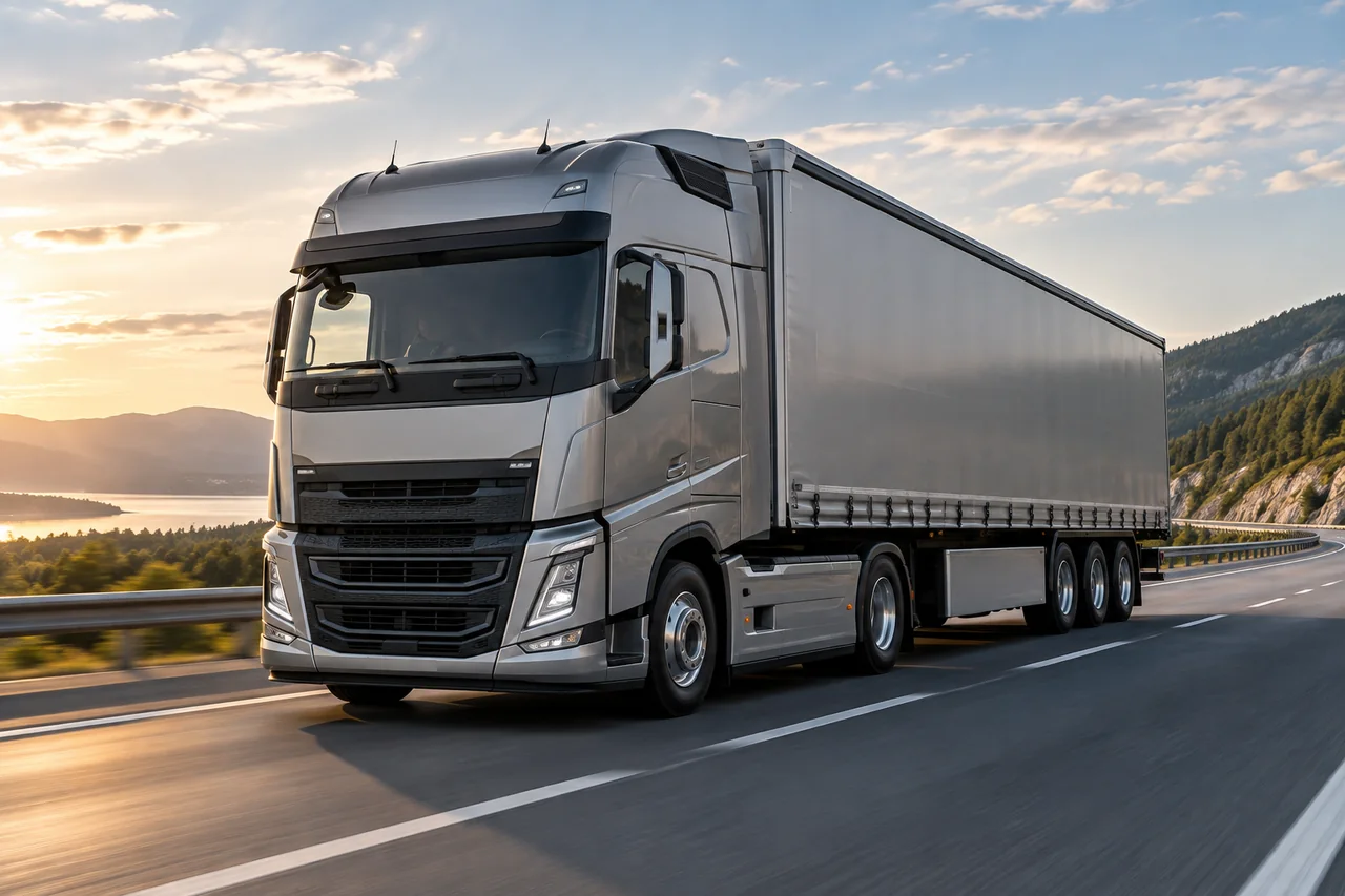 Container truck traveling along a coastal road at sunrise