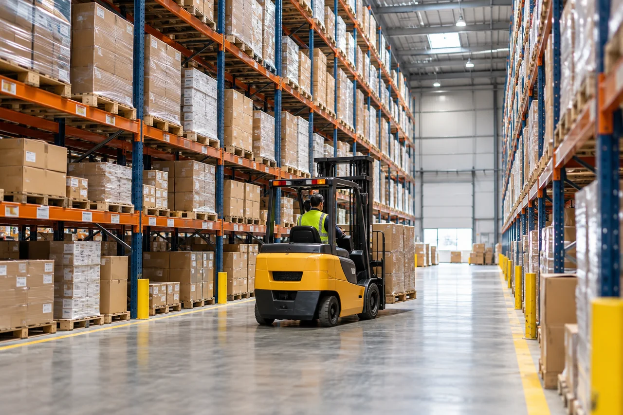 Distribution warehouse with organized cargo racks